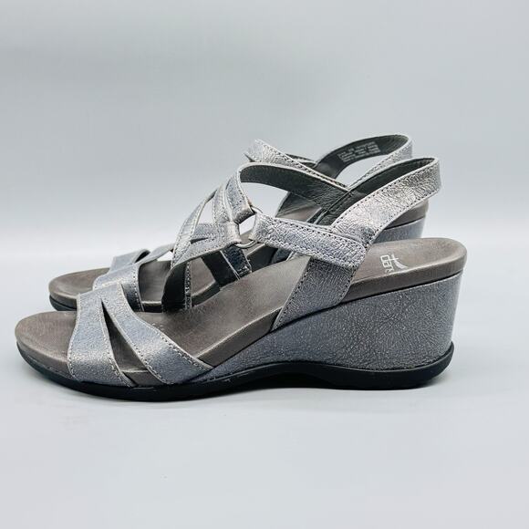 Dansko Sandals Womens 8.5 Silver Leather Addyson Strappy Wedge Heel Comfort - Picture 5 of 11